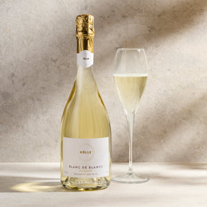 BOLLE Blanc de Blancs non-alcoholic sparkling wine bottle with champagne flute