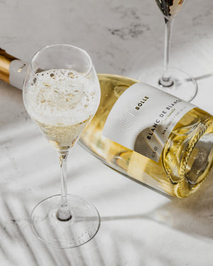 BOLLE Blanc de Blancs twice-fermented non-alcoholic wine with champagne glass