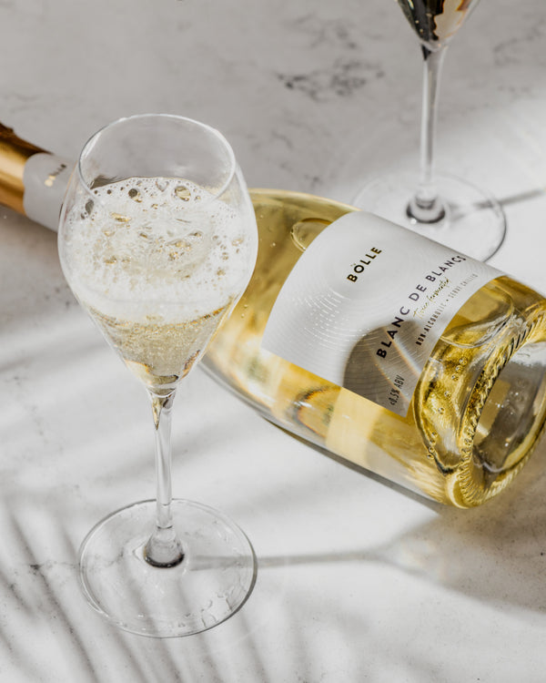 BOLLE Blanc de Blancs twice-fermented non-alcoholic wine with champagne glass