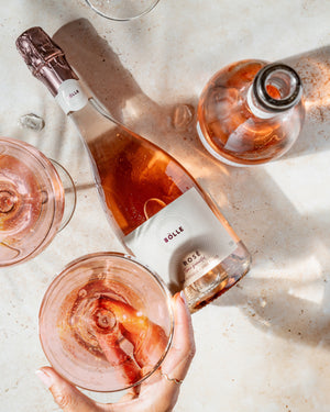 BOLLE Sparkling Rosé non-alcoholic wine overhead with multiple glasses