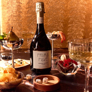 Prima Pave Grand Cuvee 2nd Edition sparkling non-alcoholic wine with shrimp cocktail and caviar