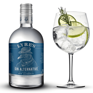 Lyre's Gin Alternative with a glass of non-alcoholic gin and tonic