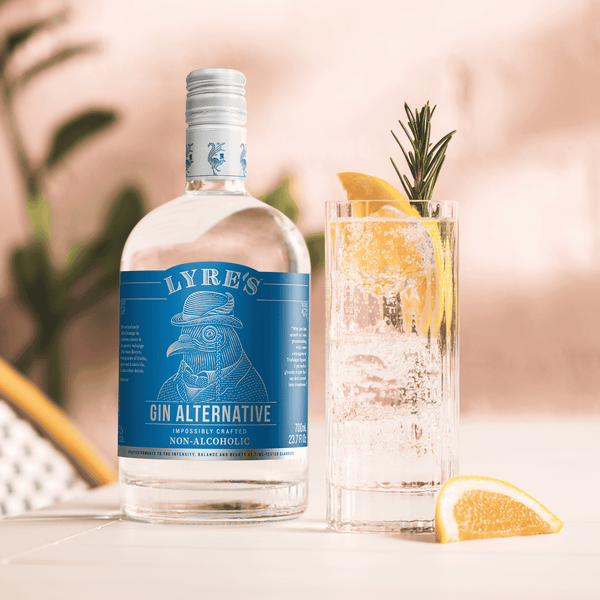 Lyre's Gin Alternative bottle with a non-alcoholic gin and tonic